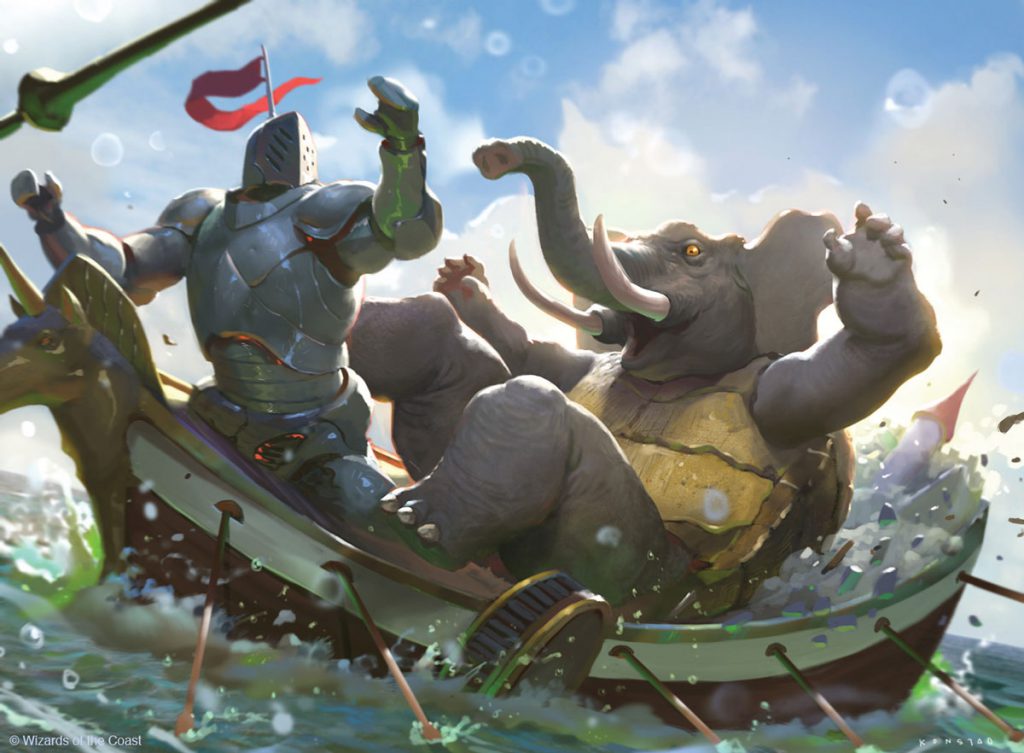 A knight fights an elephant on a viking boat
