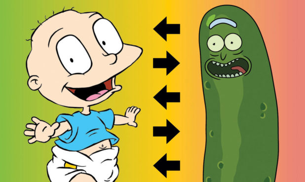 Rugrats’ Tommy Pickles together with Rick and Morty’s Pickle Rick.