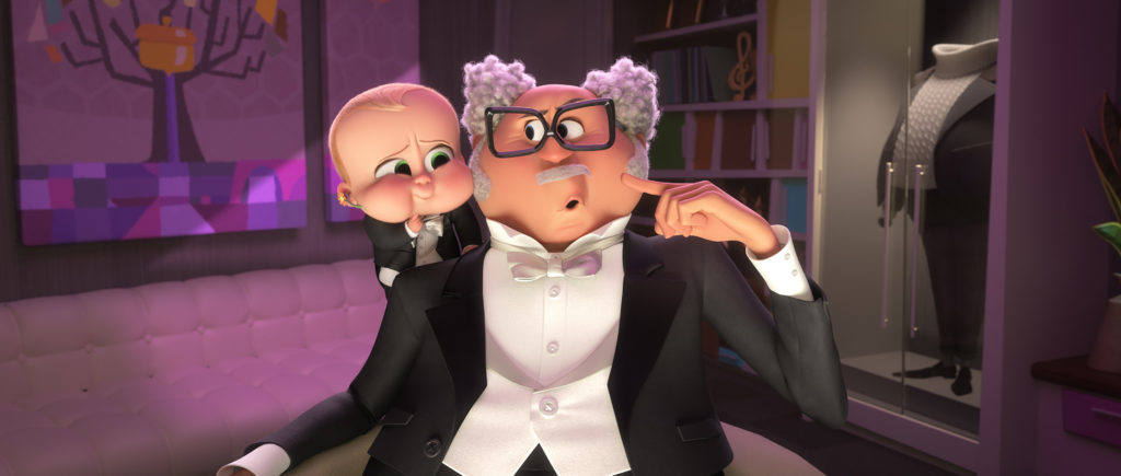 Boss Baby animated man with baby on shoulder