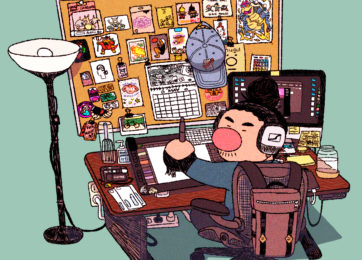 Cartoon character at desk