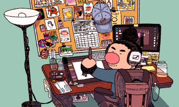 Cartoon character at desk