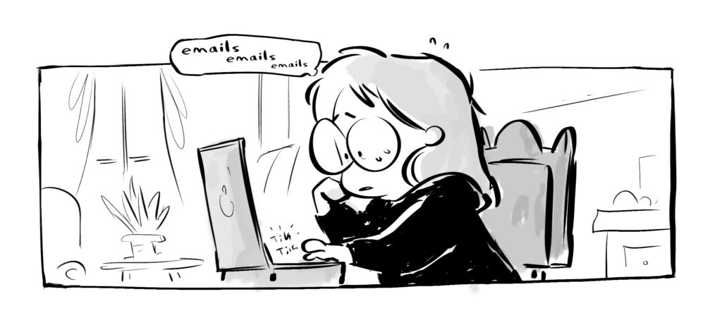 Cartoon girl at laptop