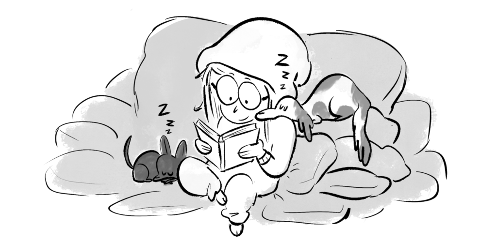 Cartoon girl reading with cats