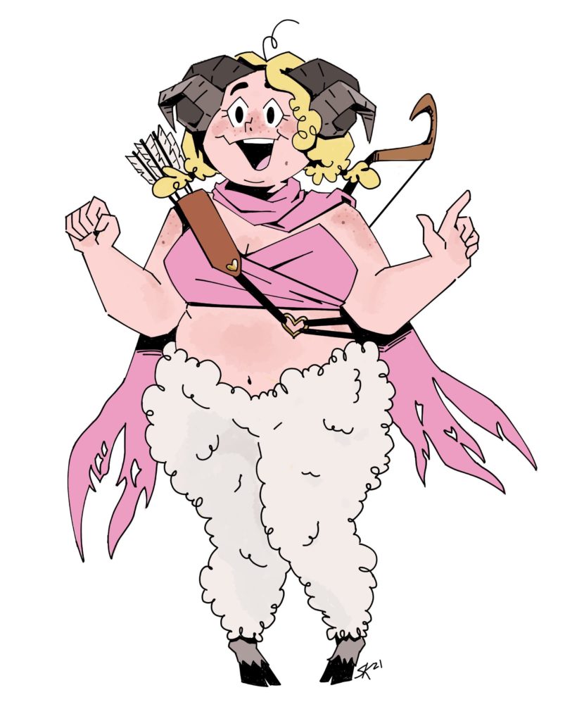 Cartoon woman in pink with bow and arrows.