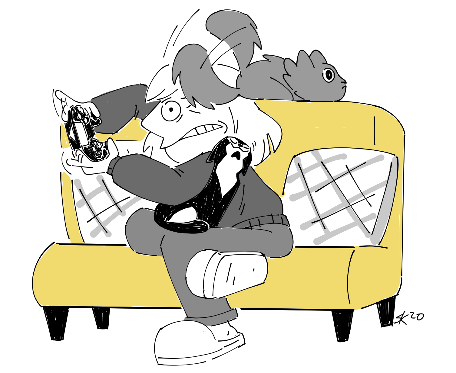 Cartoon person on yellow couch with cats.