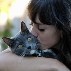 Woman kissing gray cat