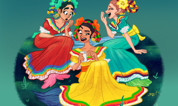 Three Mexican females in traditional dresses playing cards