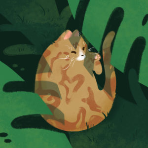Painting of cat on back with plants