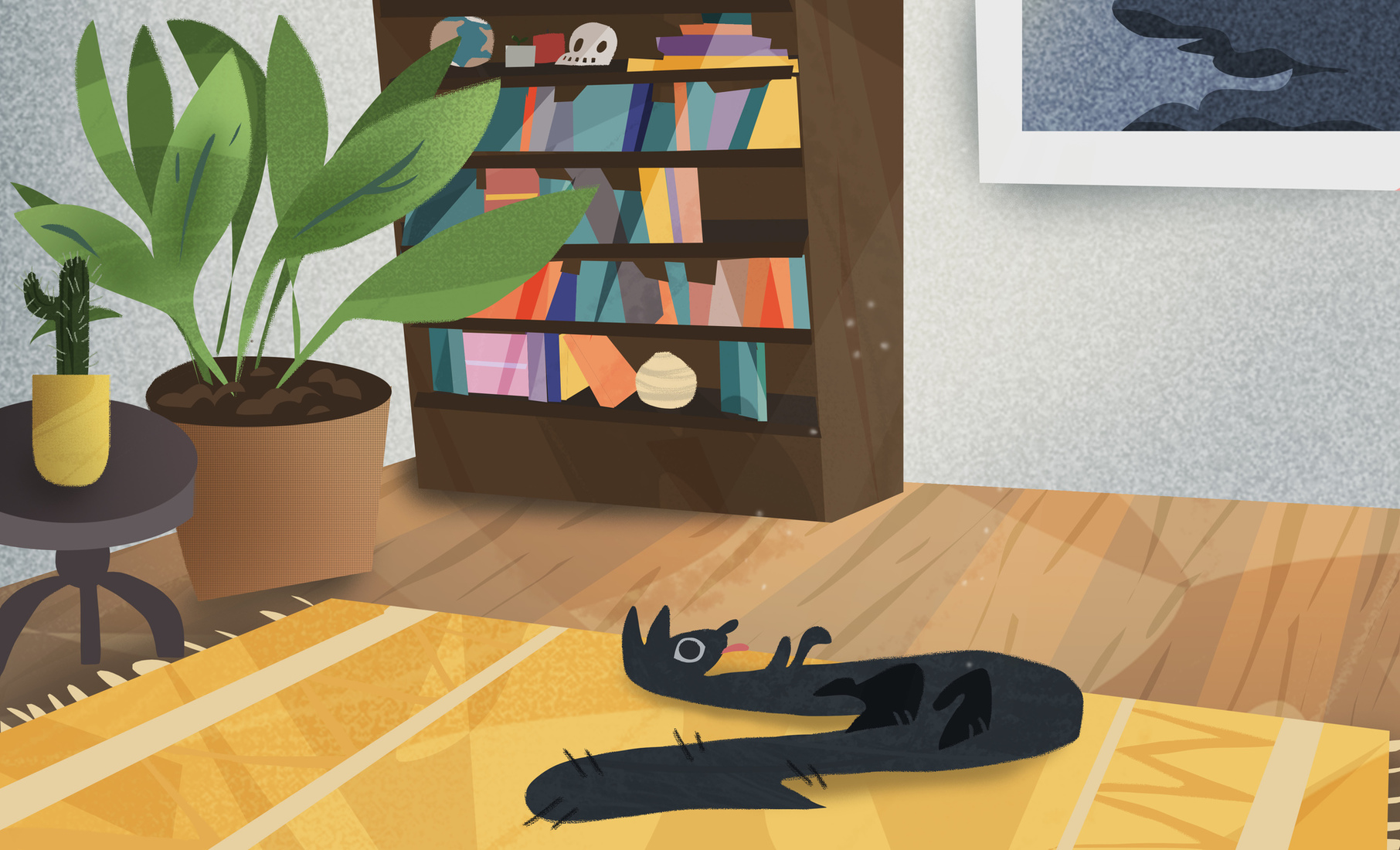Cartoon with bookshelf and cat