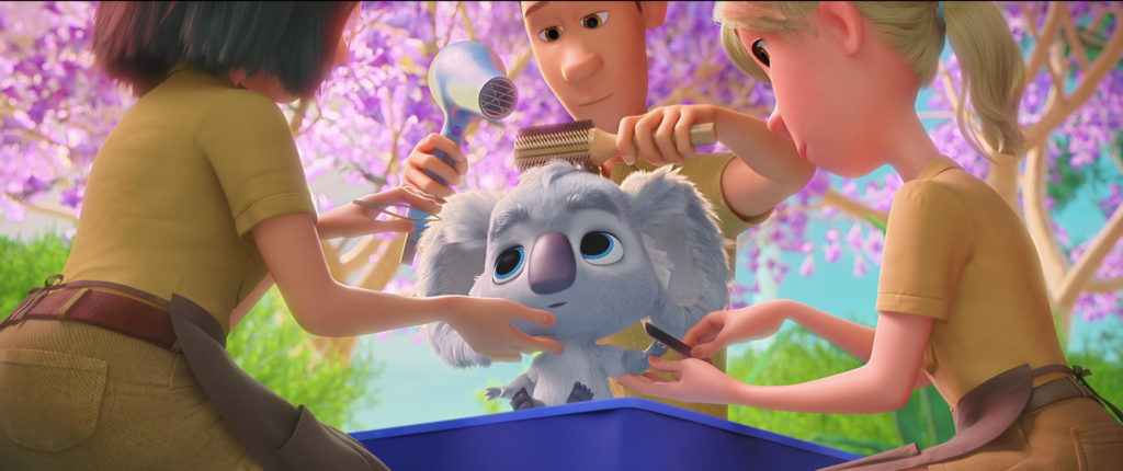 Animated koala getting hair styled