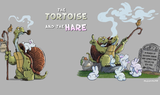 Cartoon of pipe-smoking tortoise and white rabbits