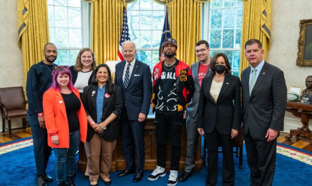 Gitlevich (front left) in the Oval Office with union organizers, President Joe Biden, Vice President Kamala Harris, and Labor Secretary Marty Walsh.