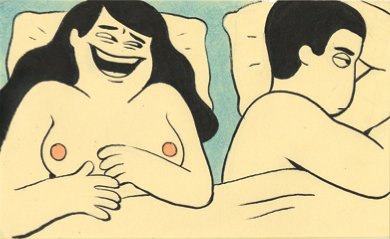 Cartoon of woman laughing and man in bed