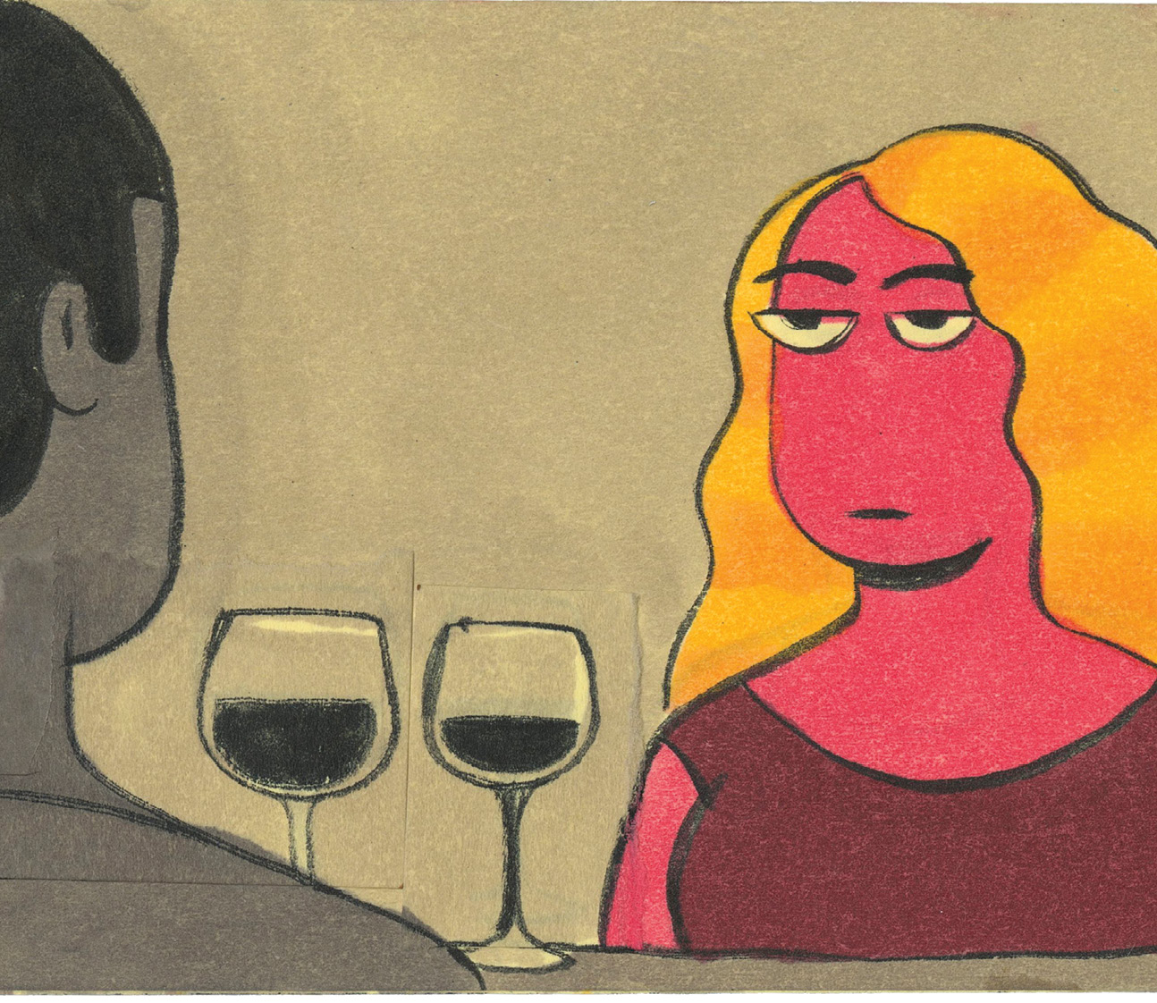 Cartoon of an unimpressed woman looking over 2 glasses of wine at her date.