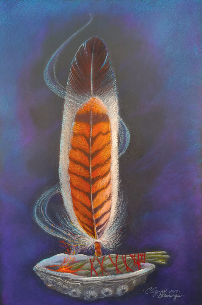 Painting of feather in dish with sage smoke