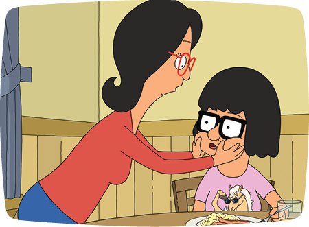 Cartoon mom holding daughter's face