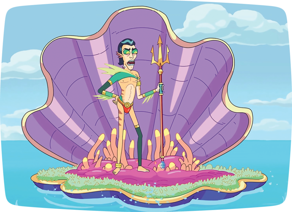 Cartoon man in bathing suit in giant clamshell