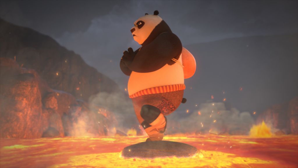 Cartoon panda carrying sack over shoulder