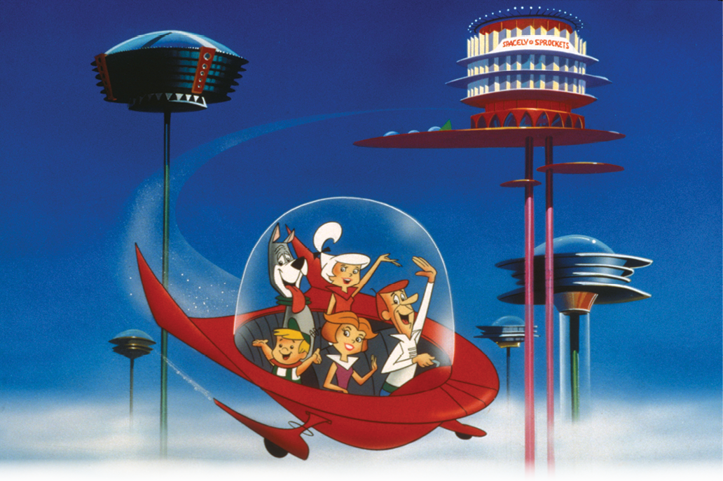 Cartoon characters from the Jetsons in spaceship
