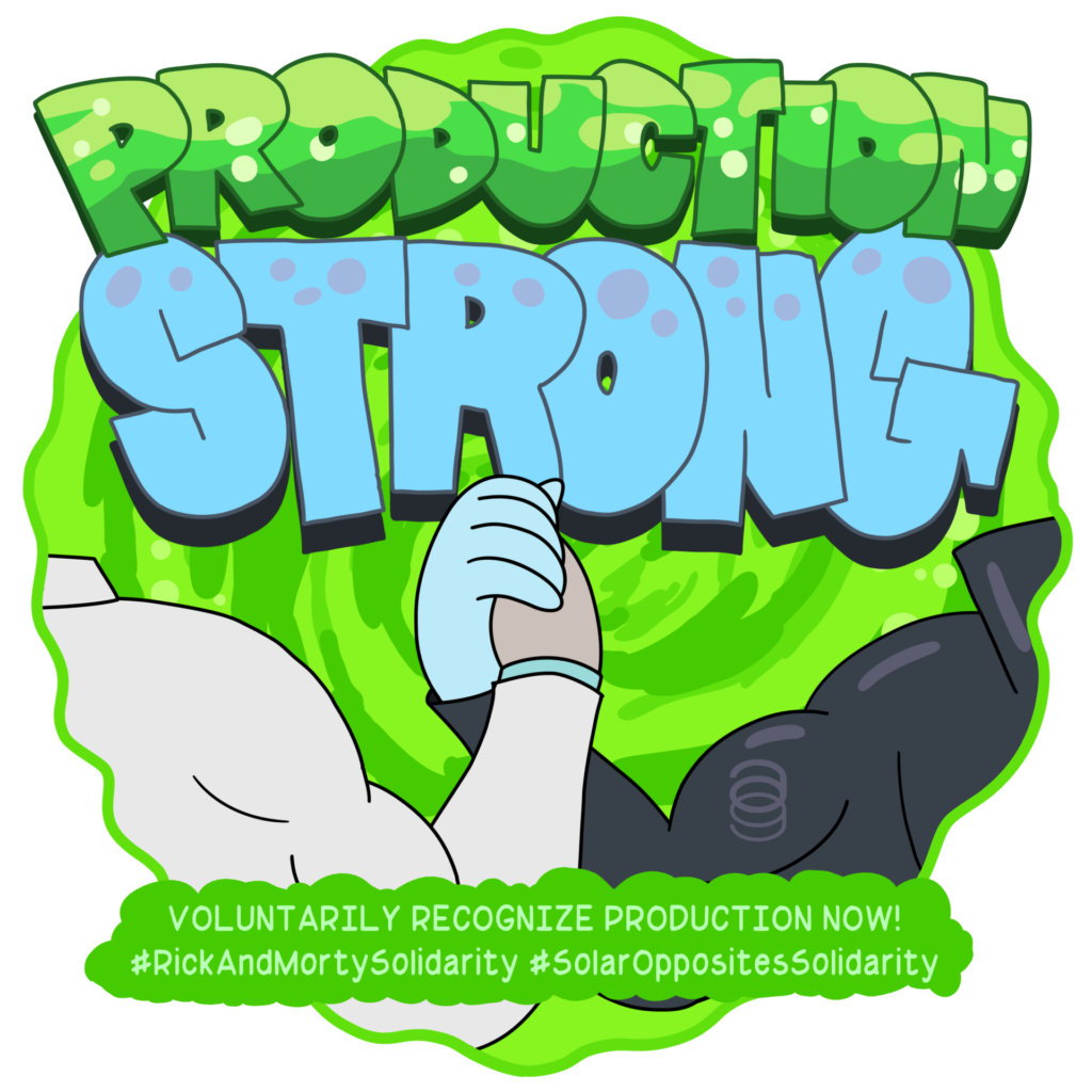 Graphic that says Production Strong with two hands clasping
