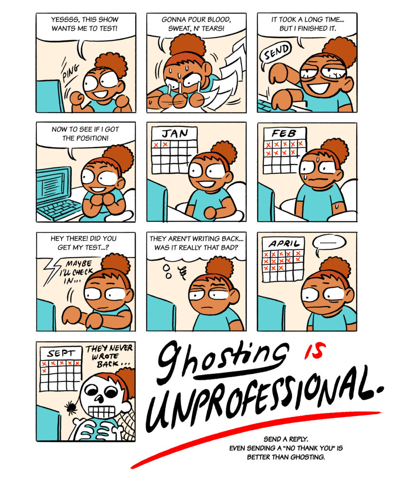 Cartoon about ghosting in the animation industry