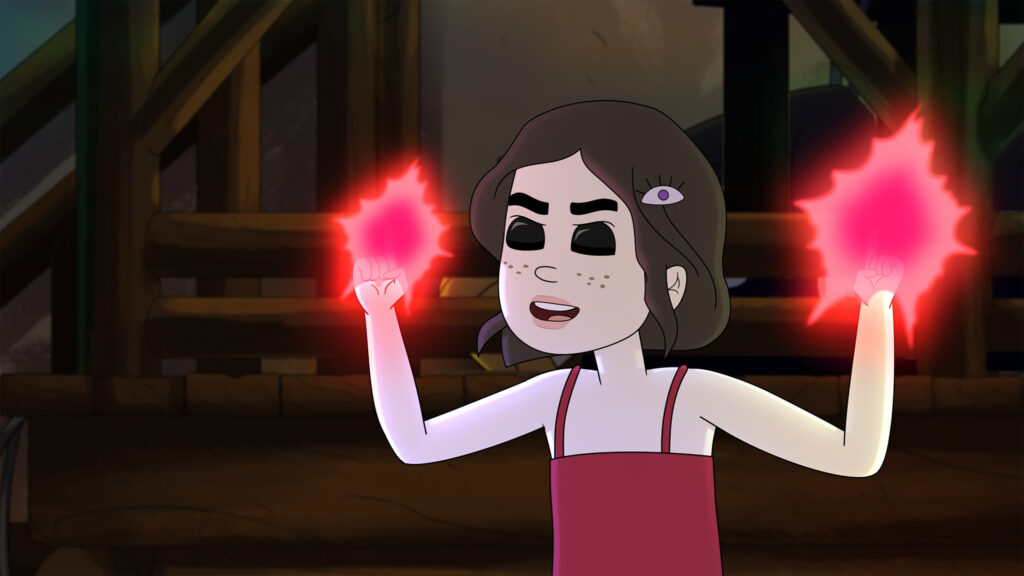 Cartoon girl with magic red hands