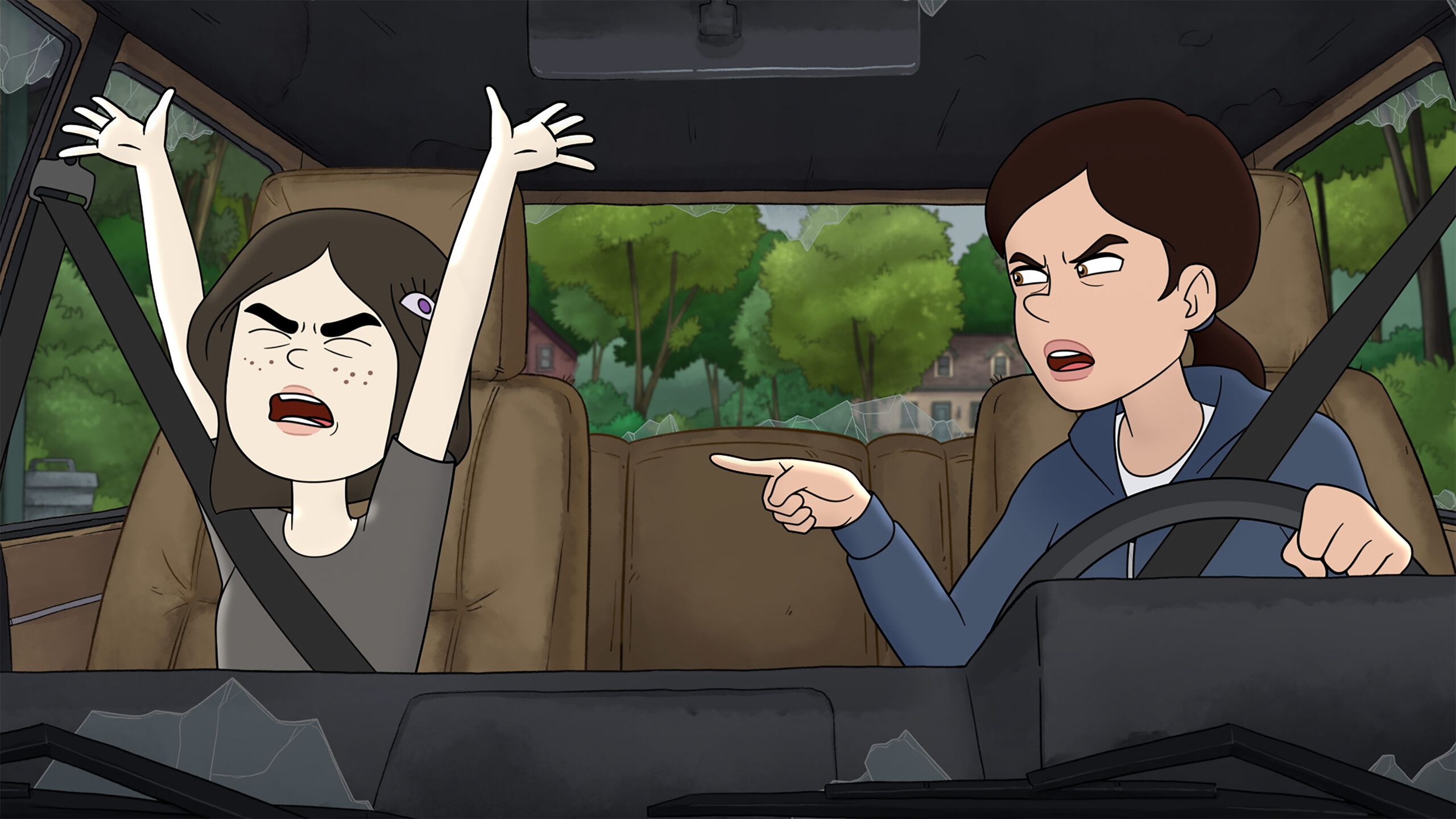 Cartoon mother and daughter arguing in front seat of car.