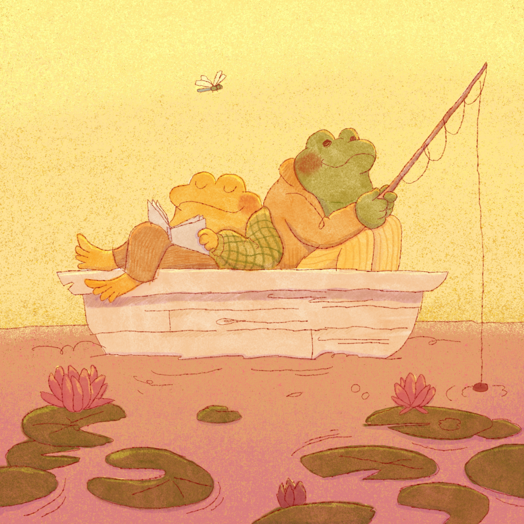 Cartoon frogs fishing in a rowboat