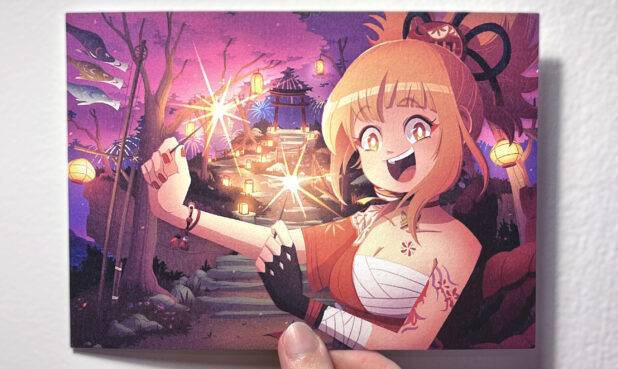 TITLE: LIGHTSHOW! SIZE: 5” x 7”DESCRIPTION: Postcard print of a festive Yoimiya inspired by Genshin Impact. PRICE: $5