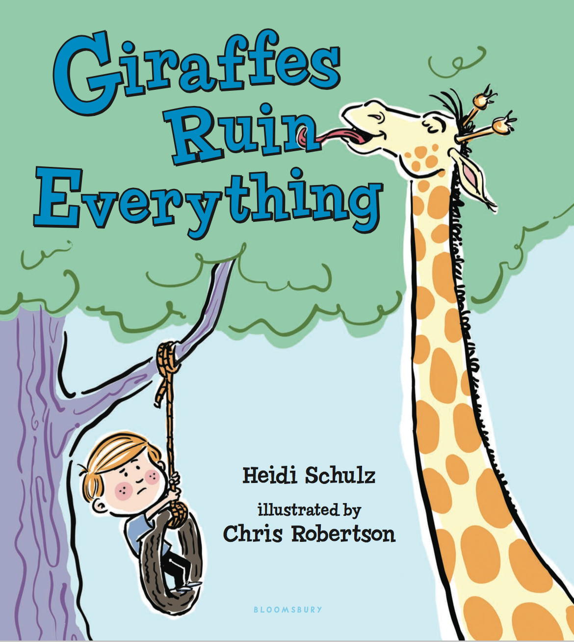 Picture book cover with giraffe and boy on tire swing