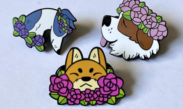 TITLE: FLOWER DOG PINS  PRICE: $12 each, $30 set of 3