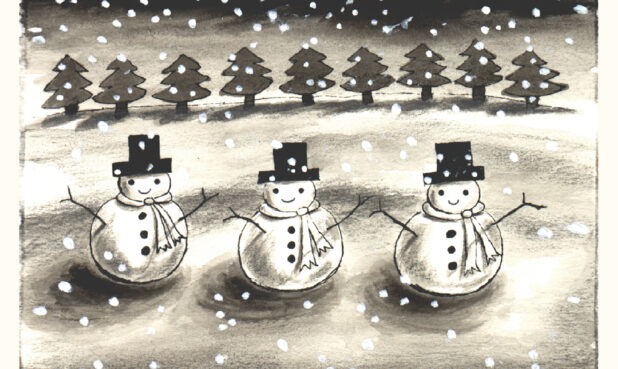 TITLE:THREE SNOWMEN GREETING CARD DESCRIPTION: Adorable little snowmen wish you Season's Greetings! PRICE: $5 each,  
$14 for set of 4,  
$20 for set of 8 boxed