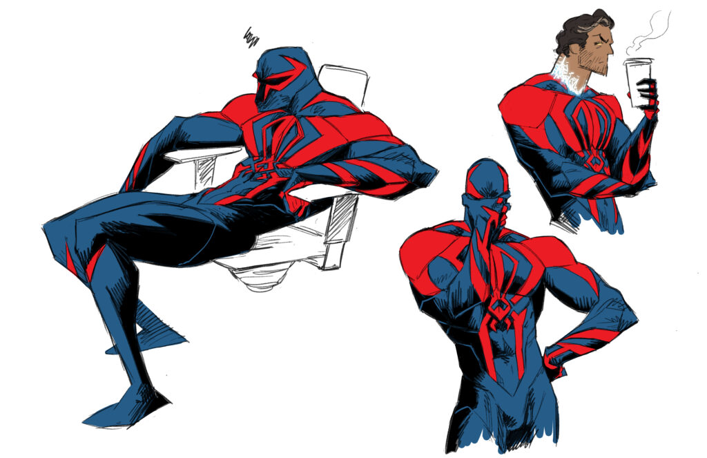 Red and white drawings of Spider-Man 2099 superhero