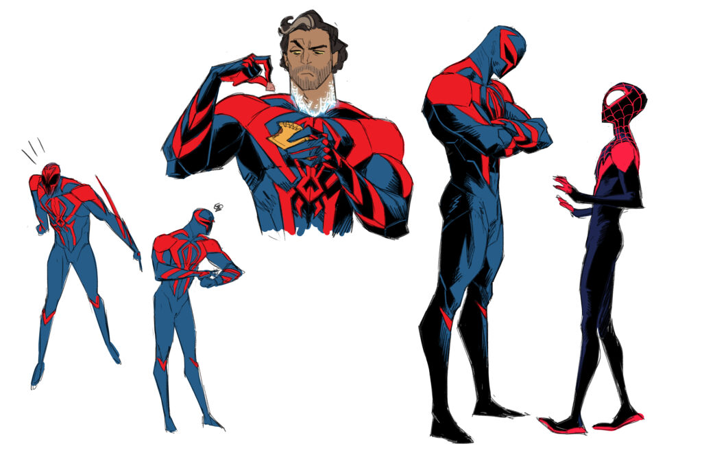 Red and white drawings of Spider-Man 2099 superhero