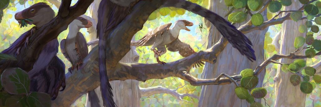 Painting of winged dinosaur in tree