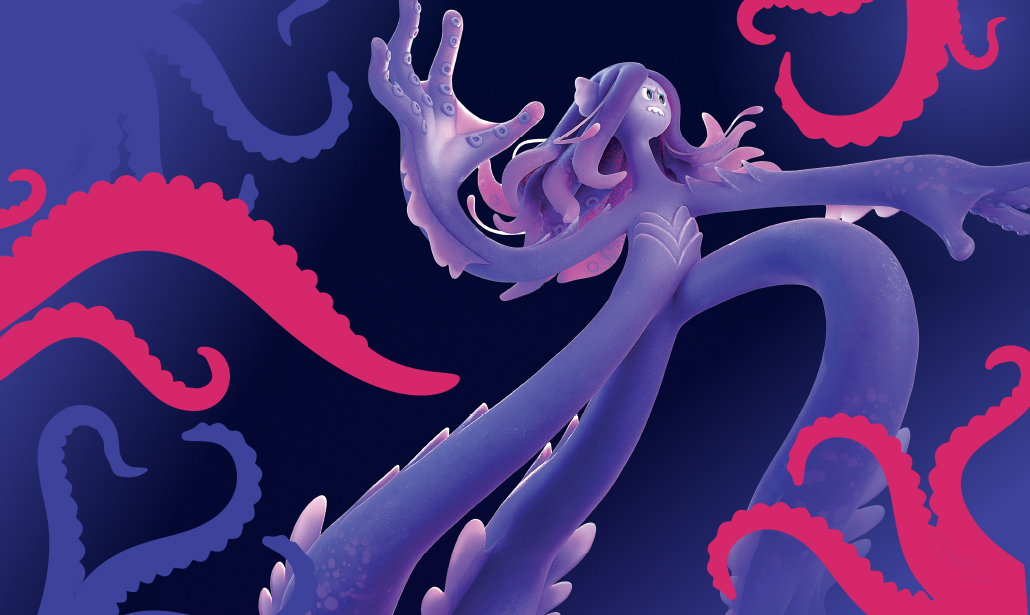 Cartoon of purple female sea kraken