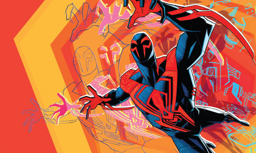 Character Designer Kris Anka created this special artwork to show how he used layers to compose the costume for Spider-Man 2099 in Spider-Man: Across the Spider-Verse.