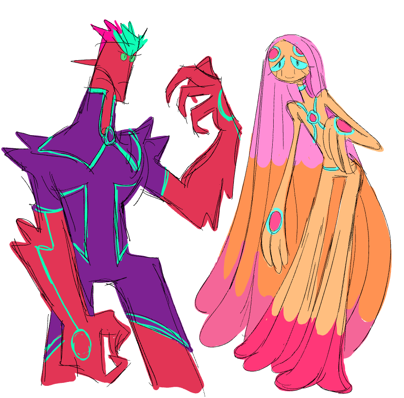 Cartoon illustration of purple and blue robot with wispy woman with long pink hair