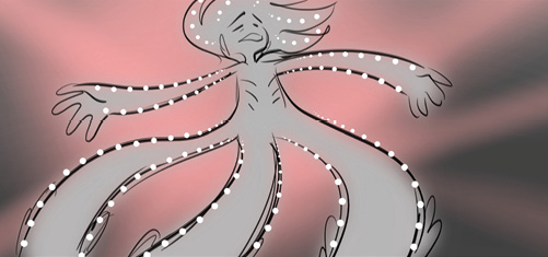 Rough storyboard drawing of female kraken
