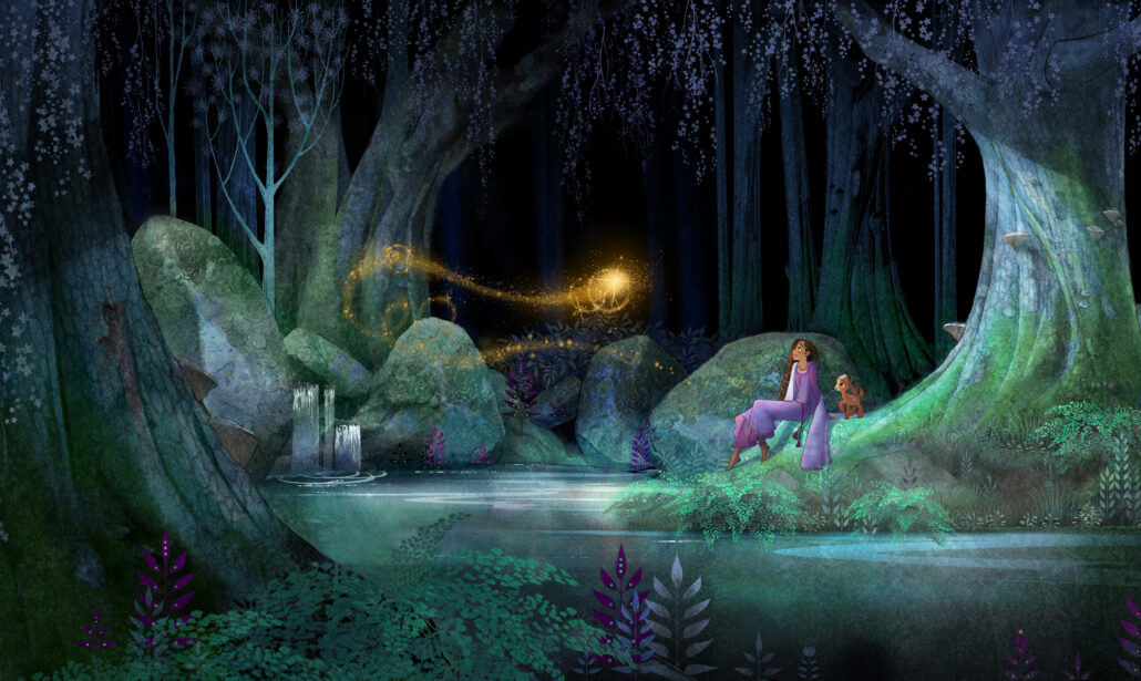 Visual development art
for Wish was inspired by early Disney artists such as Eyvind Earle, who was responsible for the
atmospheric colors and styling of Sleeping Beauty.