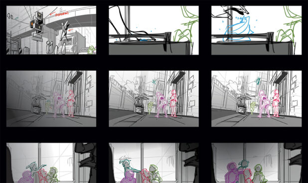 Panels from Cassey Kuo’s storyboards for Episode 5 incorporate children playing to create a sense of safety in the sequence.